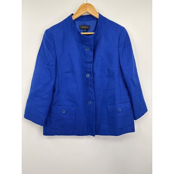 Talbots Linen Button Blazer 3/4 Sleeve Jacket Royal Blue Size 12 NEW - Picture 2 of 8